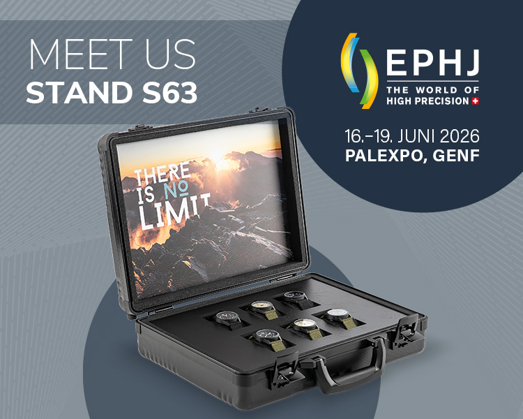 Faisst Messebanner zur EPHJ 2026 in Genf mit schwarzem Uhrenkoffer, Präsentationseinlage und Hinweis auf Stand S63.