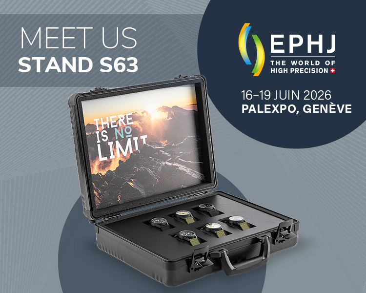 Bannière Faisst pour le salon EPHJ 2026 à Genève avec mallette pour montres, insert de présentation et indication du stand S63.